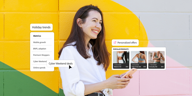 Woman smiling in front of holiday shopping trends and product offer visuals.