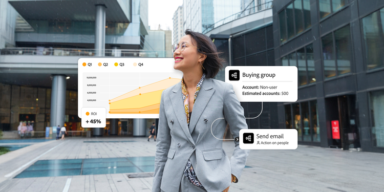 Woman standing outside of an office building. Overlaid with an ROI graph and buying group elements.