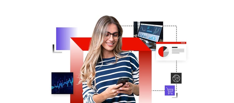 Woman looking at her phone surrounded by visuals relating to market analytics