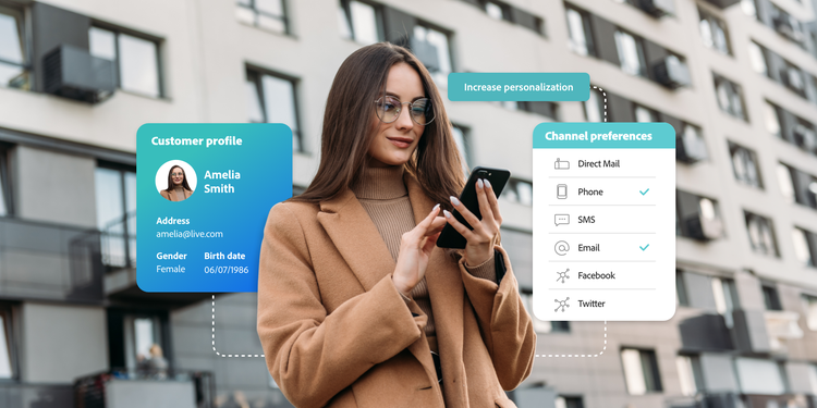 Image of woman looking down at her phone with customer profile data overlain on top