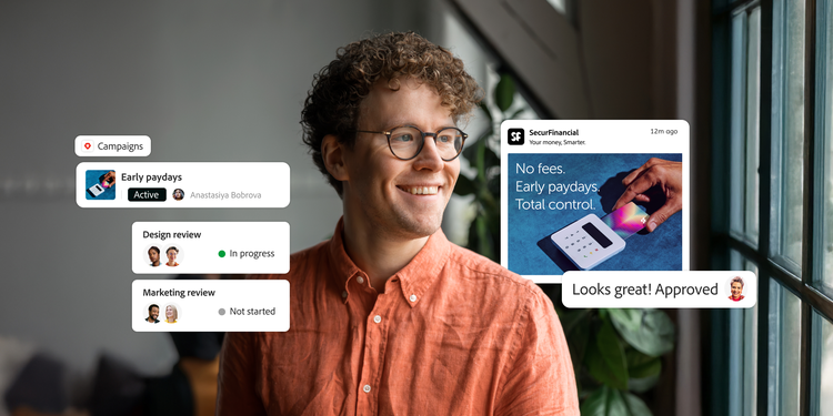 Man in glasses smiling and looking outside the window alongside visuals of screen pop-ups that indicate content review and approval workflows.