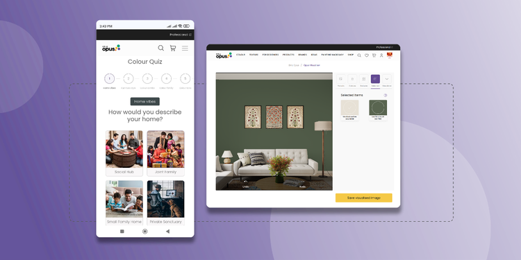 Screenshot showing colour quiz and room design tools from the Birla Opus Paints mobile app and website.
