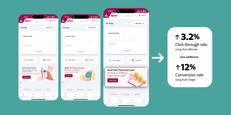 Three mobile phone screens with personal loan banners with one showing the highest performing offer.