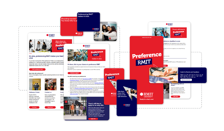 Collage of various RMIT email messages, online ads, and custom banners.