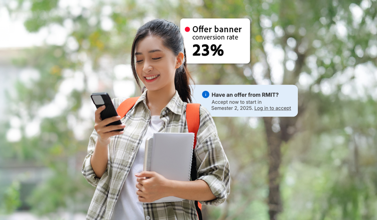 Student looking at mobile phone with banner ad encouraging her to accept her offer from RMIT. Stat overlay highlighting a 23% offer banner conversion rate.