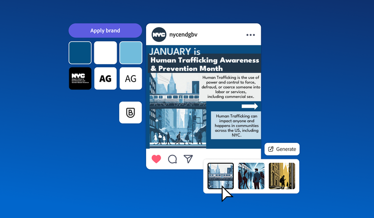 An Adobe Express generated social media post, a library of Firefly generated images and one-click brand options.
