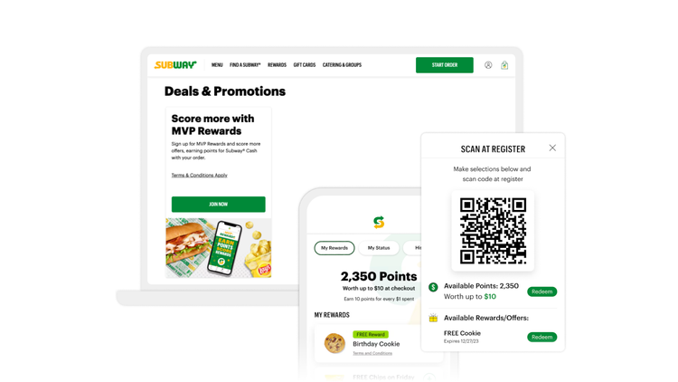 Composite image with sample mobile and desktop views of the Subway MVP Rewards registration path, from QR code scan to registration website.