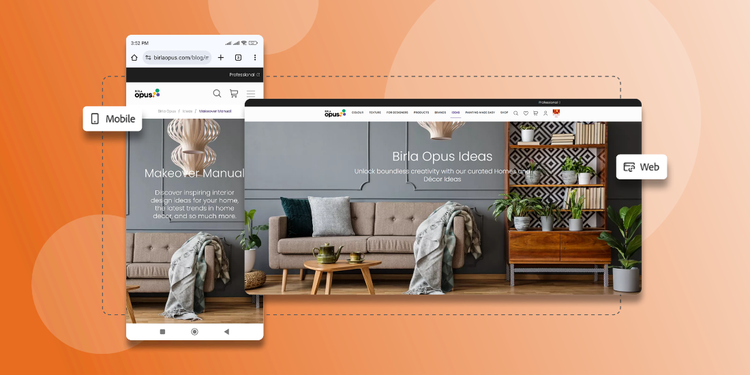 Mobile app and desktop website screenshots of home decor inspiration offerings showing how an image of a living room was reused on the "Makeover Manual" and “Birla Opus Ideas” pages.