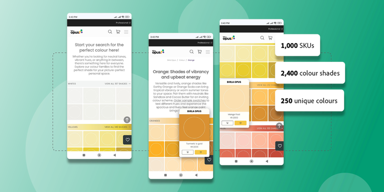 Screenshot of a mobile app interface showcasing a colour library with various orange shades organised in a grid format. Highlights include data labels indicating 1,000 SKUs, 2,400 colour shades and 250 unique colours, with colour swatches displayed in yellow, orange and red hues.