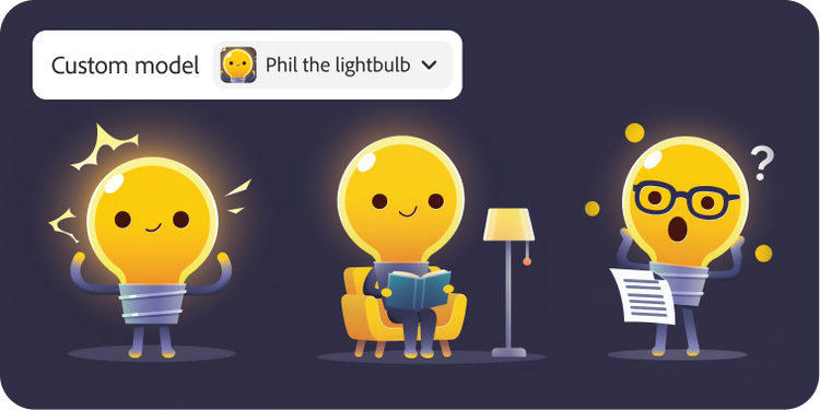 A cohesive set of customised generated lightbulb characters in a series of poses and expressions