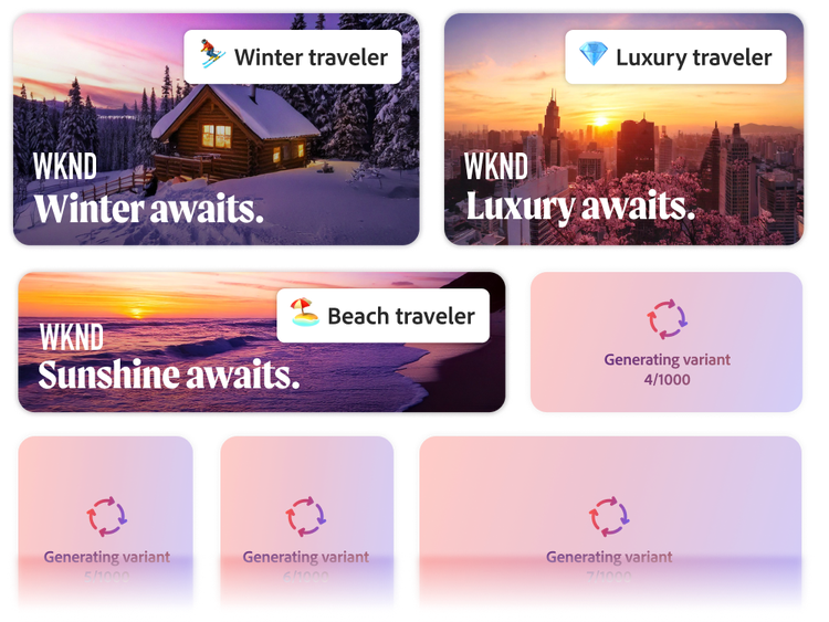 Generated ad variations with backgrounds targeting winter travellers, luxury travellers and beach travellers