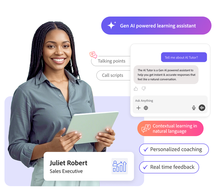 Learner Assistant feature with icons representing personalised learning, AI guidance and progress tracking.