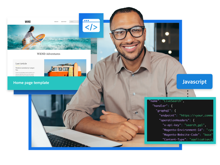 Smiling man using a home page template in AEM Sites