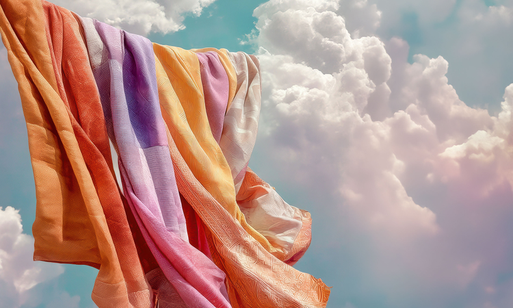 Image of colourful sheets hanging from the sky with clouds in the background.