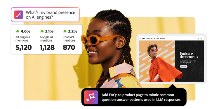 A woman in orange sunglasses views a report on her brand's growing presence on AI engines, showing increased mentions on Google AI and ChatGPT after website optimisation