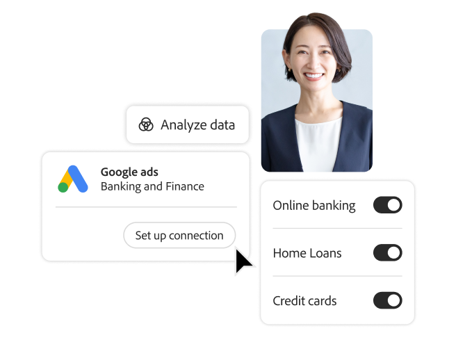 Customer persona alongside toggles for banking services, symbolizing digital maturity and personalized financial journeys.
