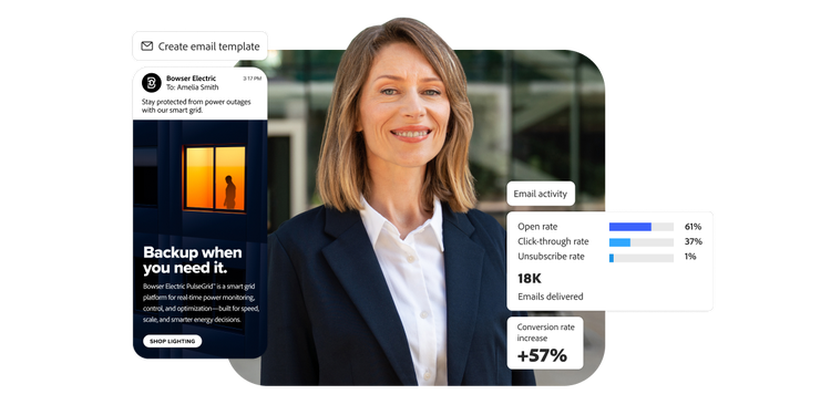 Woman in business attire with visuals of an email template and email performance stats.