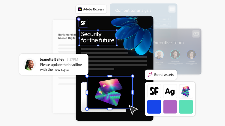 Creative design interface with headline editing, brand assets and comment requesting content update.