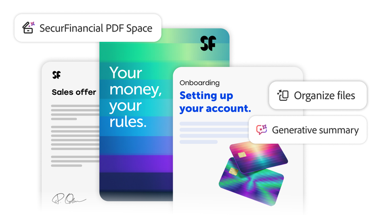 Graphic showing onboarding, file organisation and AI-generated summary across financial documents.
