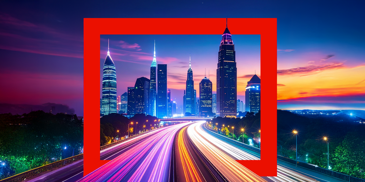 Cityscape with skyscrapers and highway, framed by red square, representing enterprise-scale content production.