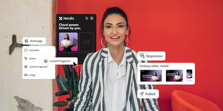 An image showing the use of Adobe Experience Manager to create, edit, revise, review and publish content.