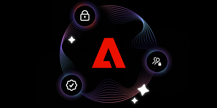 The red Adobe logo on a black background, with floating icons representing responsible AI parameters.