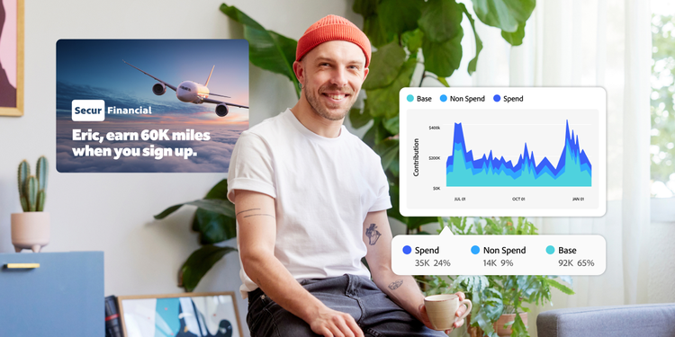 Smiling man sitting with cup in hand with visuals of personalised marketing ads and performance charts.