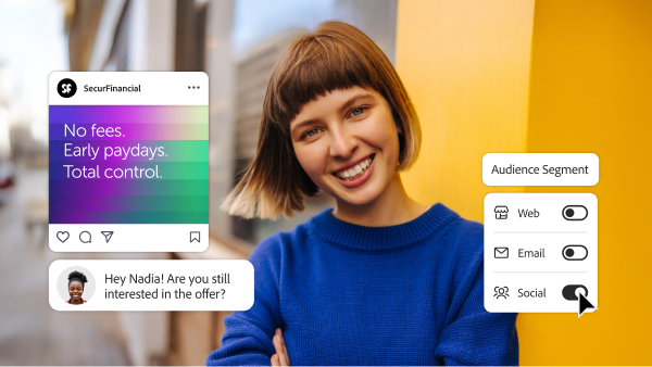 Personalised social ad and message shown with audience segment controls for web, email and social channels.
