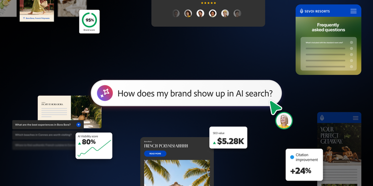 An AI search query surrounded by brand visibility, SEO value, citation and content performance metrics.