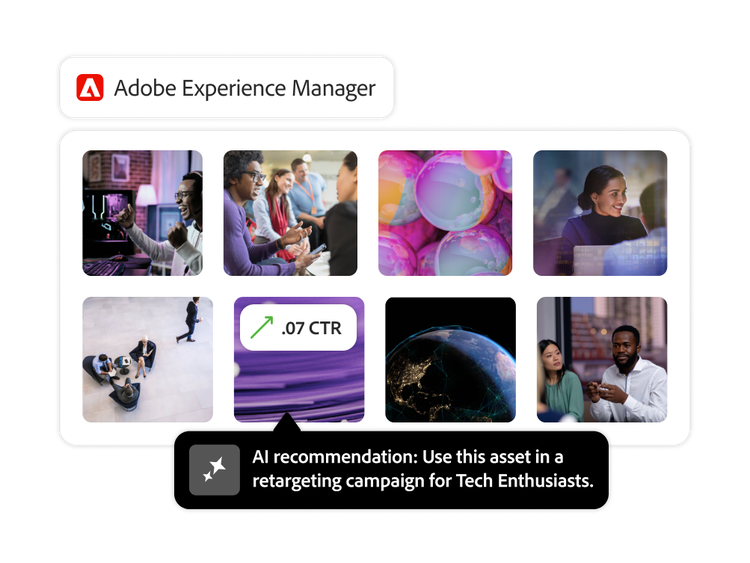 A variety of assets from the DAM with AI recommending one suited for the target audience