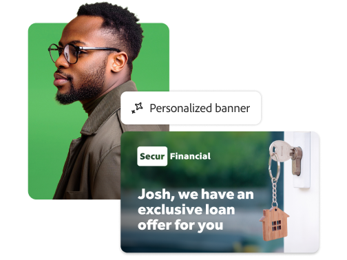 Illustration of a customer profile with activity and personalized financial ads, showcasing how to get started with financial services solutions.