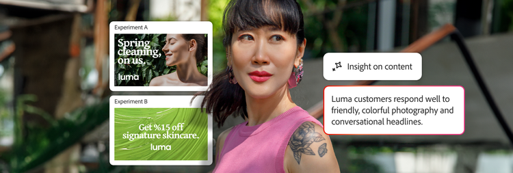 Cliente avec un test A/B de deux publicités pour des produits cosmétiques et des insights intelligents associés à chacune d’elles