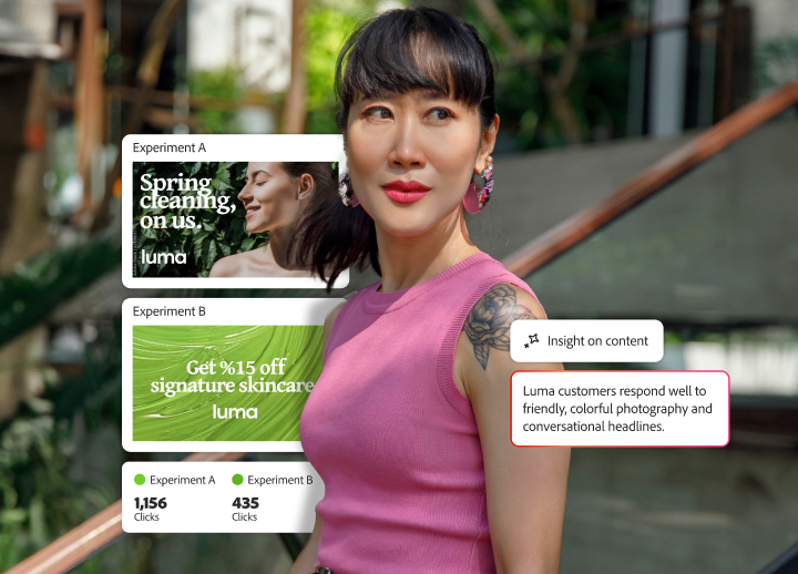 Cliente avec un test A/B de deux publicités pour des produits cosmétiques et des insights intelligents associés à chacune d’elles