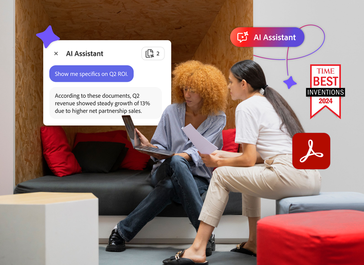Équipe travaillant sur un ordinateur portable à côté d’un prompt de l’Assistant IA pour les données du T2