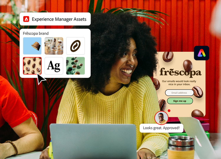A customer next to a coffee ad that’s being customized using Adobe Express and Adobe Experience Manager Assets