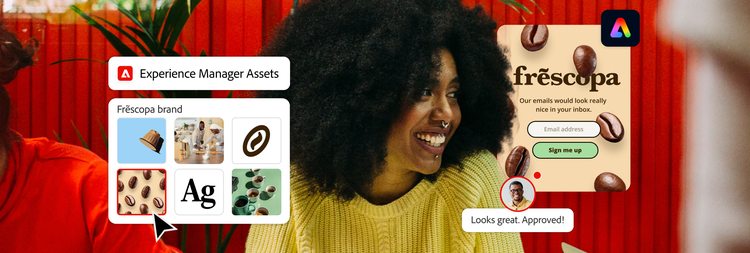 A customer next to a coffee ad that’s being customized using Adobe Express and Adobe Experience Manager Assets