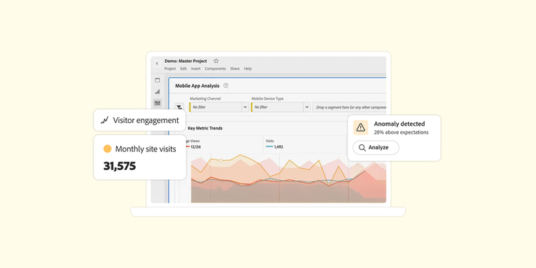 A laptop screen displaying a data analytics dashboard with a visitor engagement metric (31,575 monthly site visits) and an anomaly detection alert.