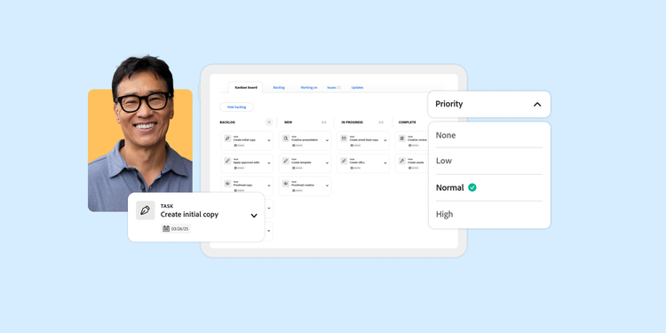 Headshot of a person, next to an interface of a work management system. Includes a callout of priority ranking from none to high.