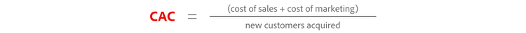 Customer acquisition cost equals the cost of sales plus the cost of marketing divided by new customers acquired.