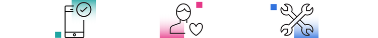 A green phone icon with a checkmark, a pink human icon with a heart, and blue wrench tool icons.