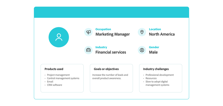 A buyer persona profile with occupation, location, industry, and gender data.