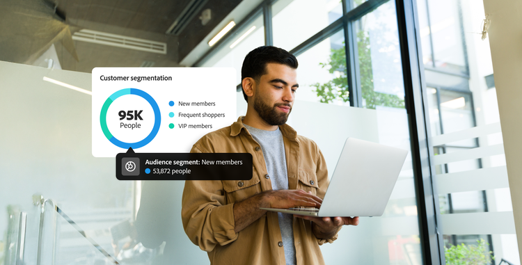 A man in a brown jacket using a laptop in a modern office, with a floating customer segmentation chart showing 95K people categorized into new members, frequent shoppers, and VIP members.