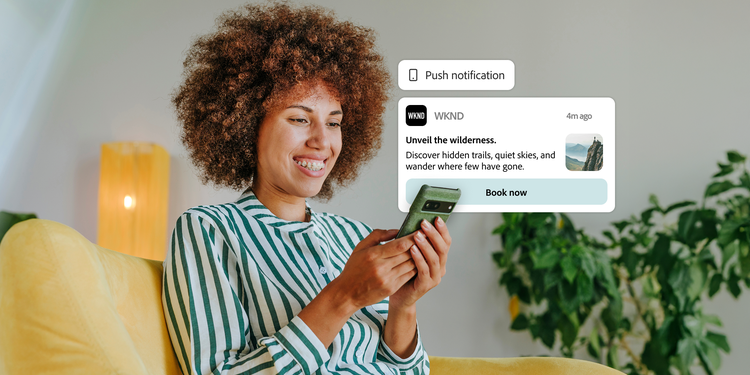 Woman sitting on a yellow couch using a smartphone. Overlaid with push notification for WKND brand.