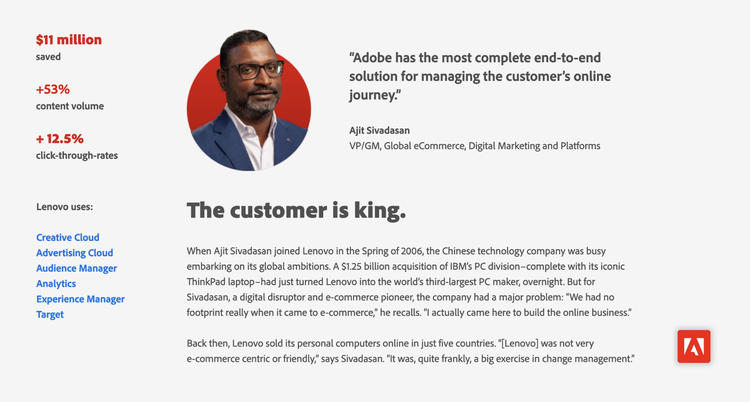 A Lenovo case study showing statistics, a pull quote and featured headshot, the headline "The customer is king.," and Adobe product links.