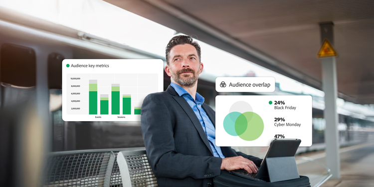 Business professional using a laptop at a train station, with floating graphics showing audience metrics and overlap data analysis.