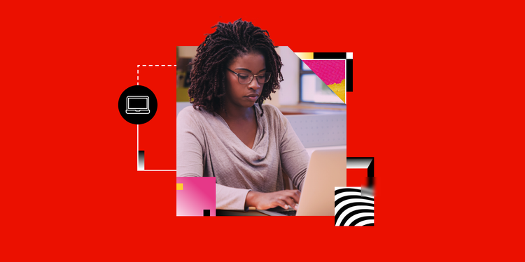 A woman in an office uses her laptop to create a effective landing page