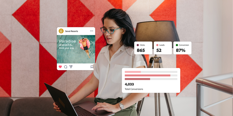 A woman in glasses and a white blouse works on a laptop in a modern space with red geometric walls. Overlay graphics display marketing metrics: a 'Sevi Resorts' ad reading 'Paradise awaits. Book your stay,' 865 clicks, 52 leads, 87% conversion rate, and a chart showing 4,033 total conversions.