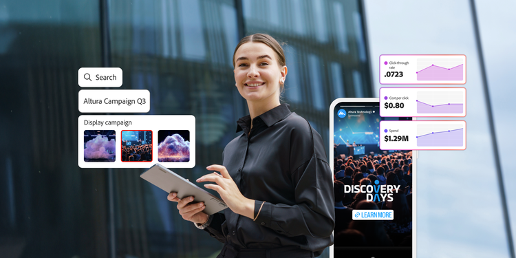 Woman with tablet and digital overlays showing paid search metrics, reinforcing SEM strategy and campaign impact.