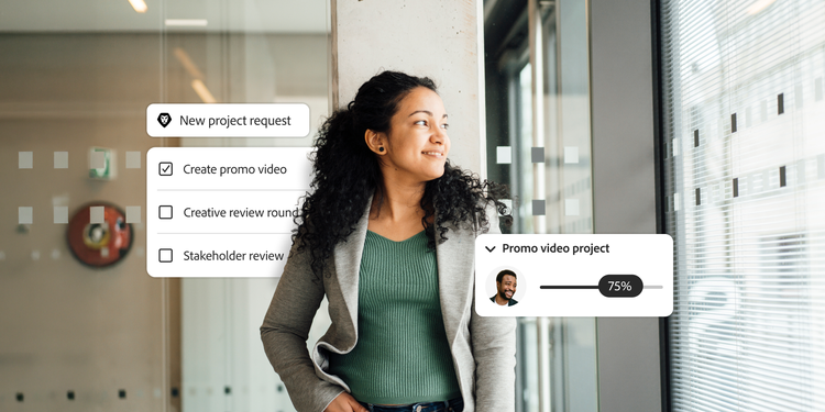 A smiling woman in a gray blazer looks out the window as elements from Adobe Workfront show a new project request to create a promo video.