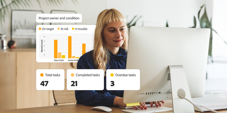 Woman using a computer, overlaid with project owner and condition, a chart, and task tracker.